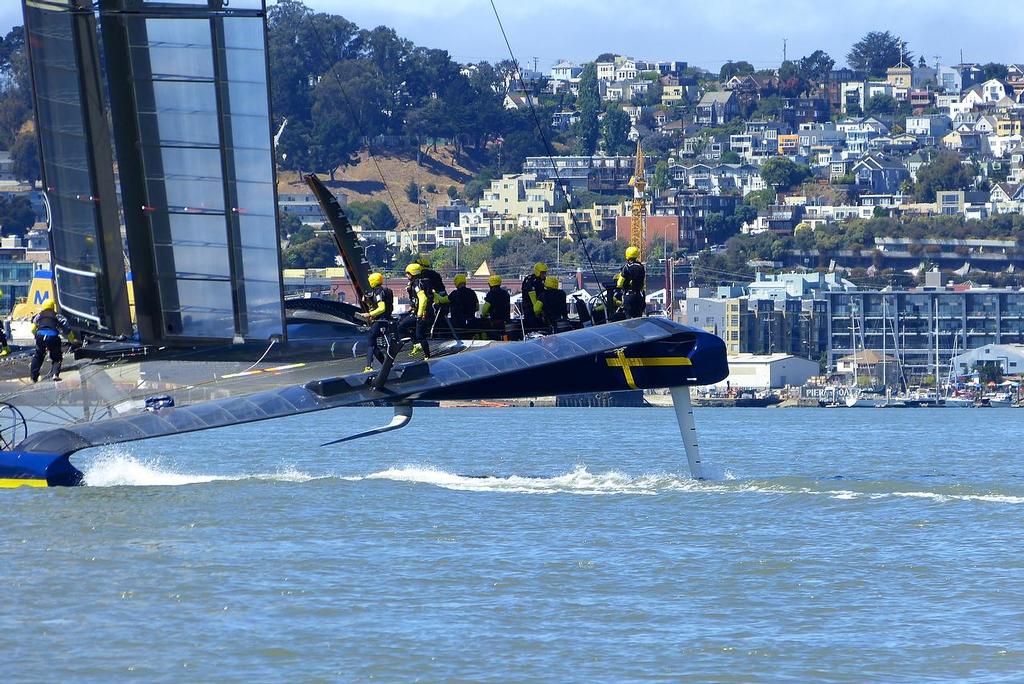 Leaving the harbour - Artemis Racing - Blue Boat - First Sail, July 24, 2013 © John Navas 